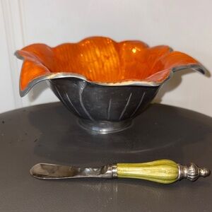 Vintage Julia Knight Orange Enamel Lily Metal Bowl, Green Handle Cheese Spreader